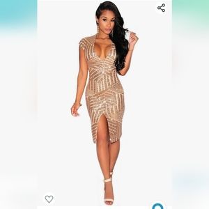 Kearia Women Short Sleeve Deep V-Neck Sequin Split Bodycon Cocktail Party Dress